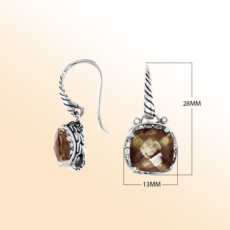 Sterling silver artisan cushion earrings with Smokey Quartz and Cubic Zirconia accents.