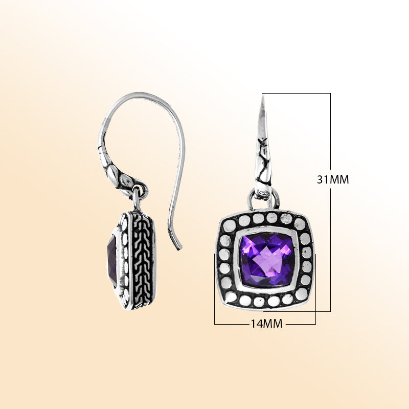 Sterling silver artisan earrings with square Amethyst Quartz and beaded frame design.