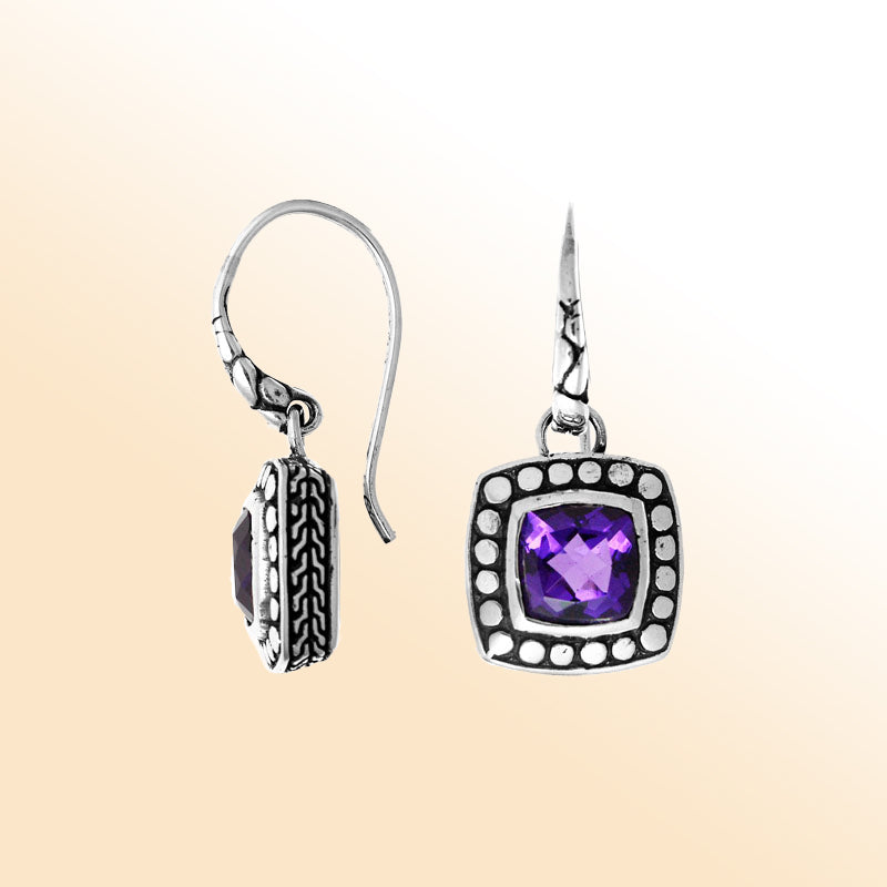 Sterling silver artisan earrings with square Amethyst Quartz and beaded frame design.