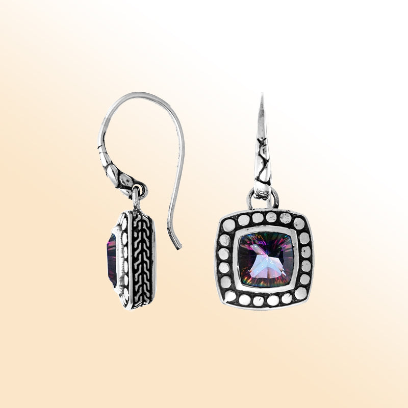 Sterling silver artisan earrings with Mystic Quartz and square beaded frame.