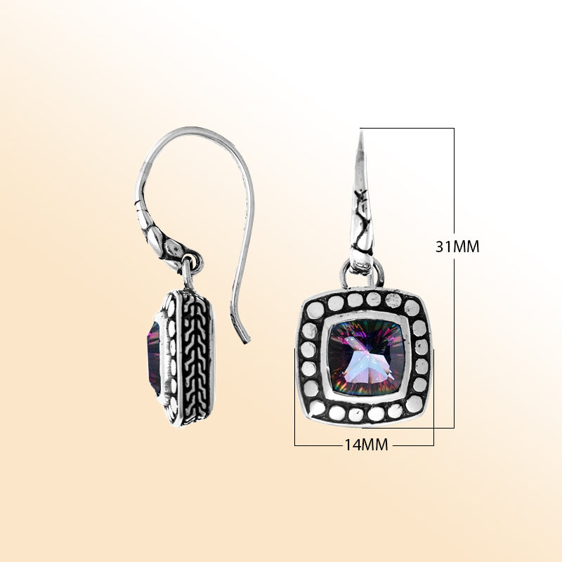 Sterling silver artisan earrings with Mystic Quartz and square beaded frame.