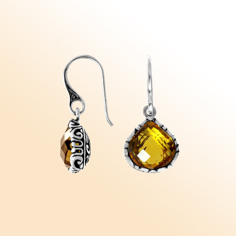 Sterling silver polished teardrop earrings with radiant Green Amethyst Quartz center.