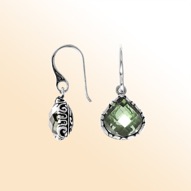 Sterling silver dewdrop earrings with soft Green Amethyst Quartz and polished finish.