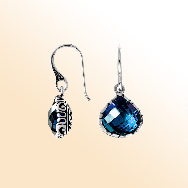 Sterling silver polished dewdrop earrings with deep London Blue Topaz Quartz.