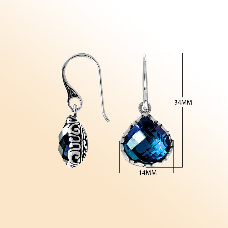 Sterling silver polished dewdrop earrings with deep London Blue Topaz Quartz.