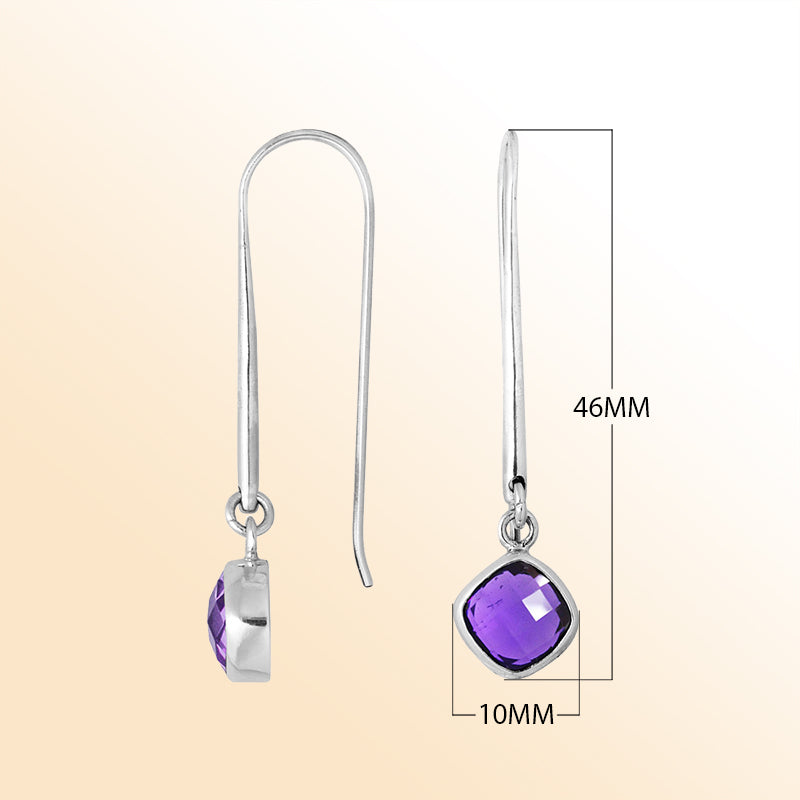 Handcrafted sterling silver drop earrings with Amethyst Quartz cushion-cut stone