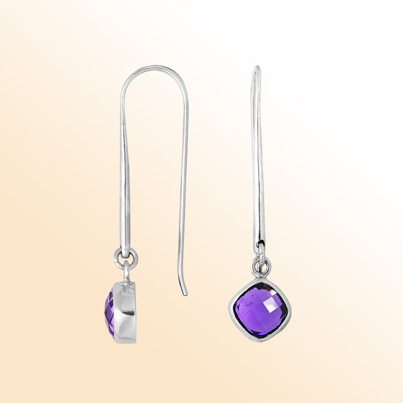 Handcrafted sterling silver drop earrings with Amethyst Quartz cushion-cut stone