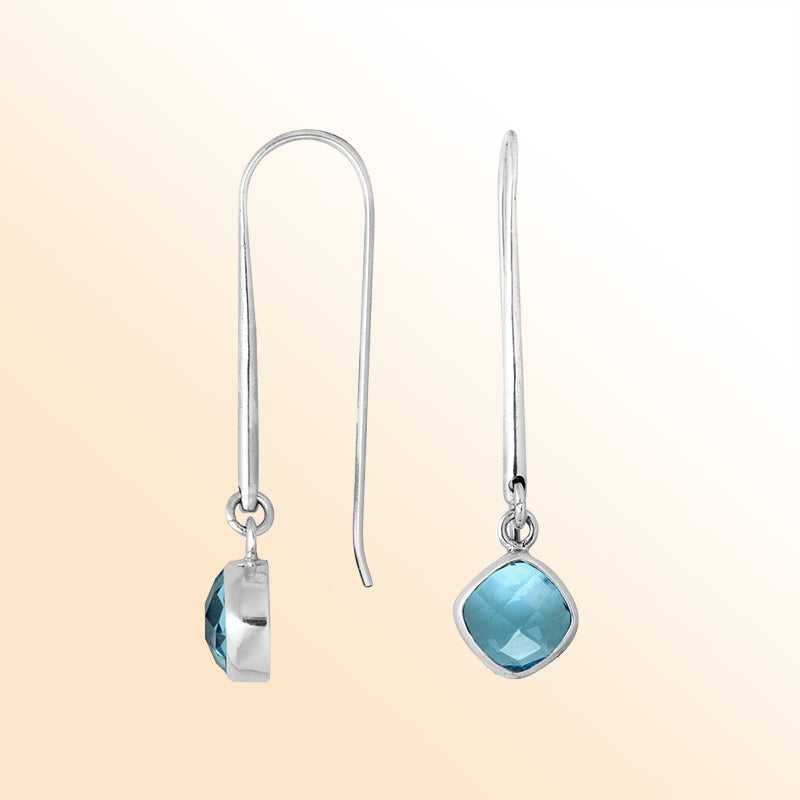 Handcrafted sterling silver drop earrings with Blue Topaz Quartz cushion-cut stone