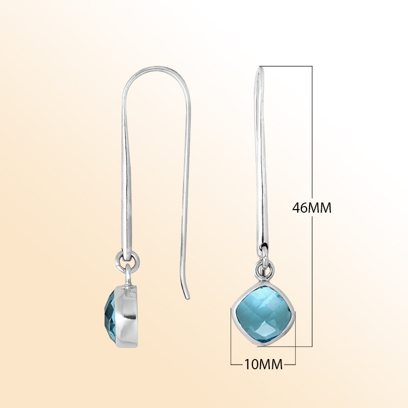 Handcrafted sterling silver drop earrings with Blue Topaz Quartz cushion-cut stone