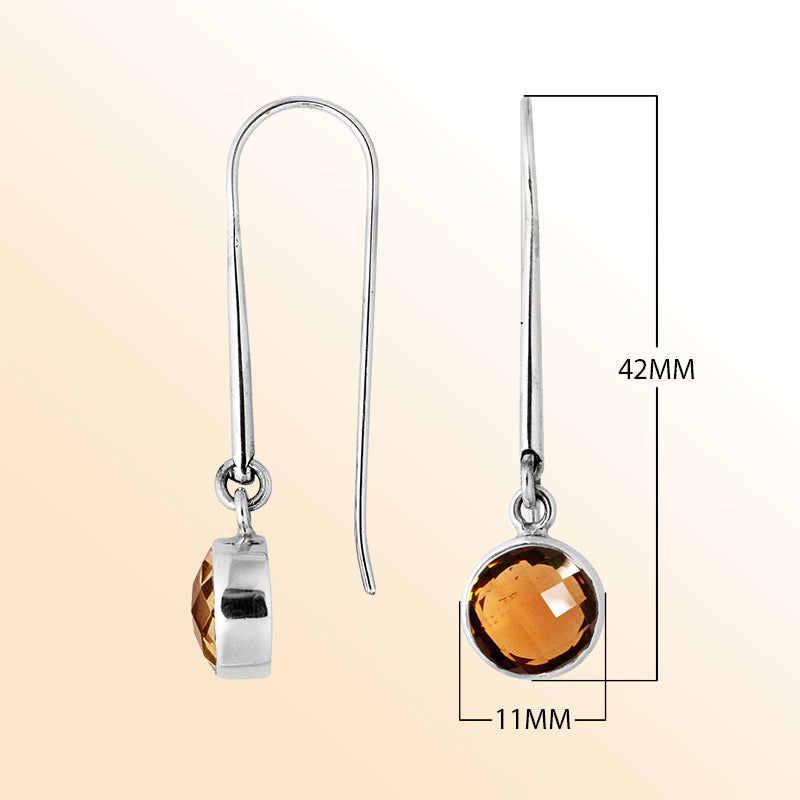 Handcrafted sterling silver drop earrings featuring round Citrine Quartz stone