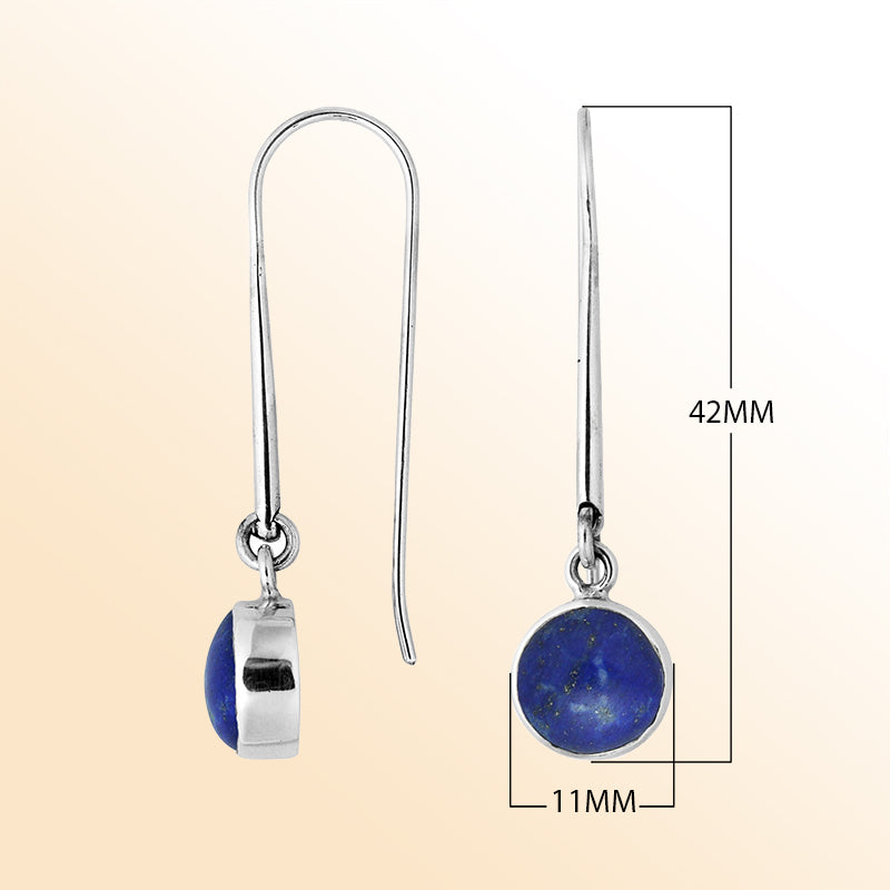 Handcrafted sterling silver drop earrings featuring round Lapis stone