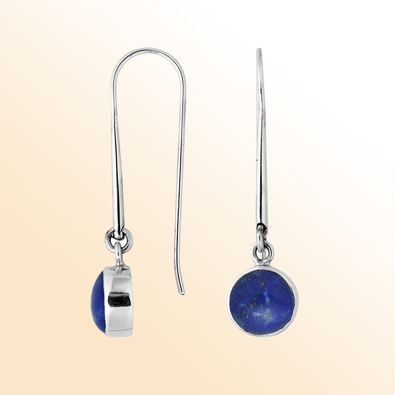 Handcrafted sterling silver drop earrings featuring round Lapis stone