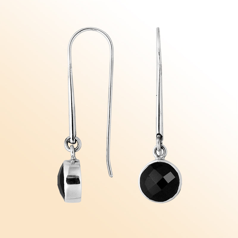 Handcrafted sterling silver drop earrings featuring round Black Onyx stone