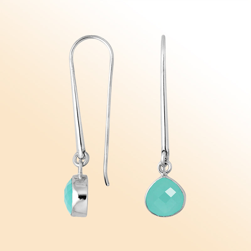 Handcrafted sterling silver drop earrings featuring pear-cut Green Chalcadoney stone