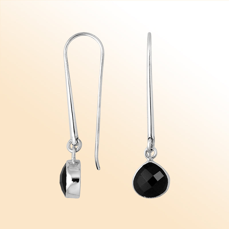 Handcrafted sterling silver drop earrings featuring pear-cut Black Onyx stone