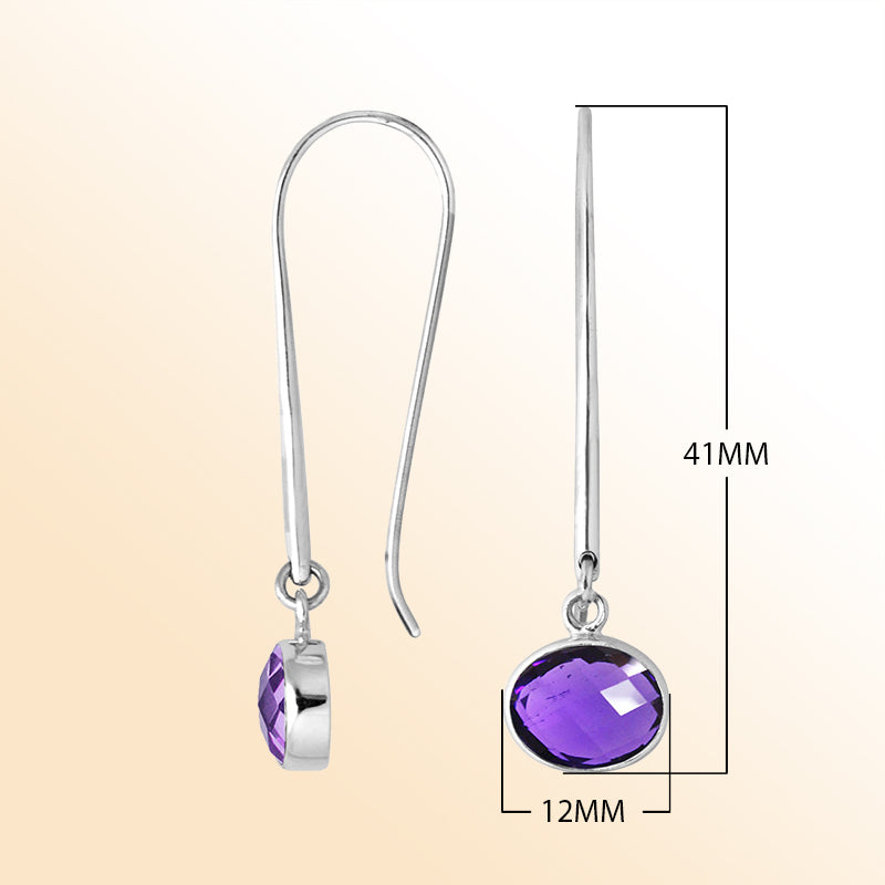 Handcrafted sterling silver drop earrings featuring oval-cut Amethyst Quartz stone