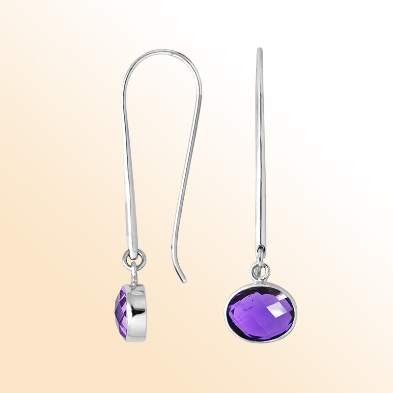 Handcrafted sterling silver drop earrings featuring oval-cut Amethyst Quartz stone