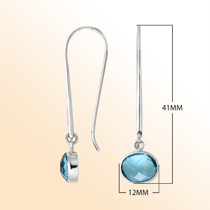 Handcrafted sterling silver drop earrings featuring oval-cut Blue Topaz Quartz stone
