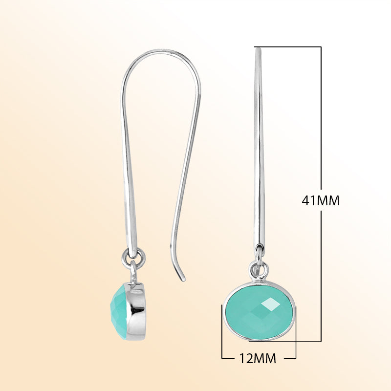 Handcrafted sterling silver drop earrings featuring oval-cut Green Chalcedony Quartz stone