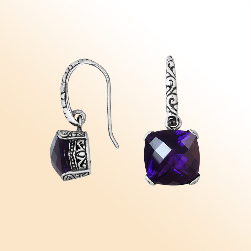 Handcrafted sterling silver drop earrings featuring cushion-cut Amethyst Quartz stone