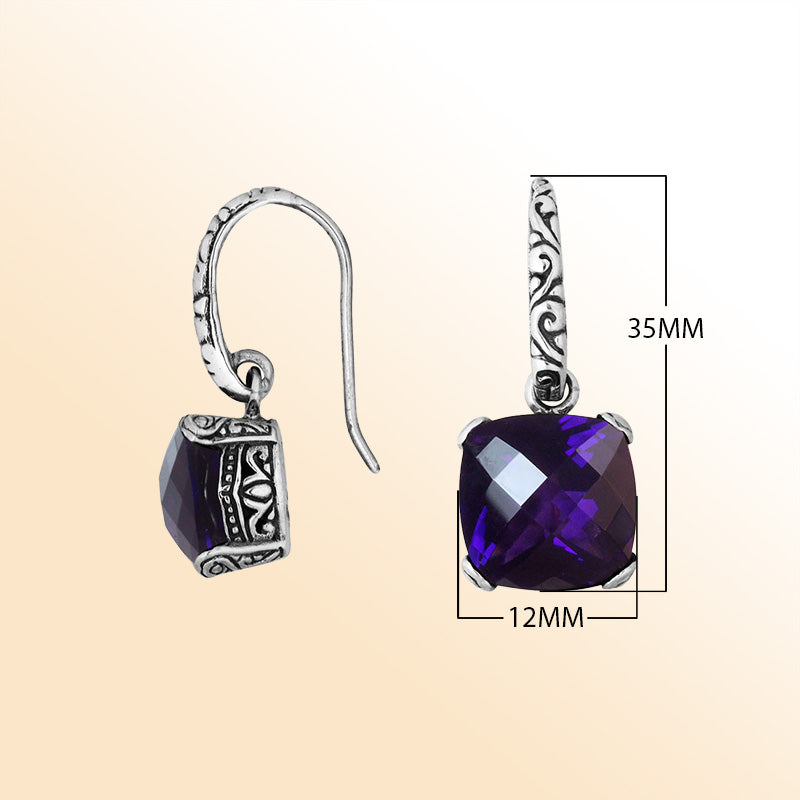 Handcrafted sterling silver drop earrings featuring cushion-cut Amethyst Quartz stone