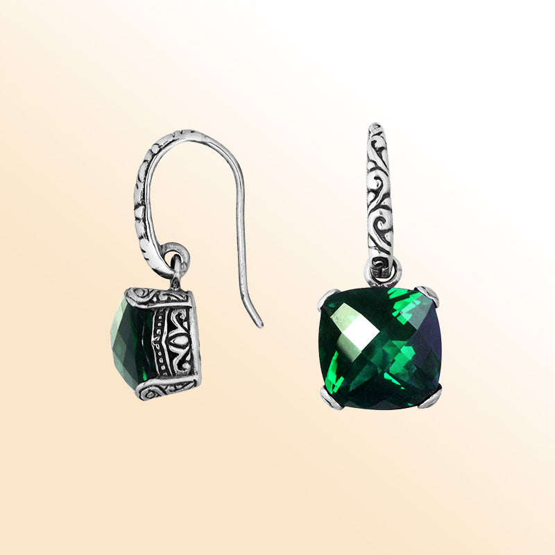 Handcrafted sterling silver drop earrings featuring cushion-cut Green Quartz