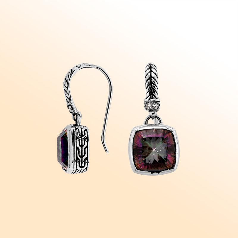 Handcrafted sterling silver drop earrings featuring Mystic Quartz and Cubic Zirconia