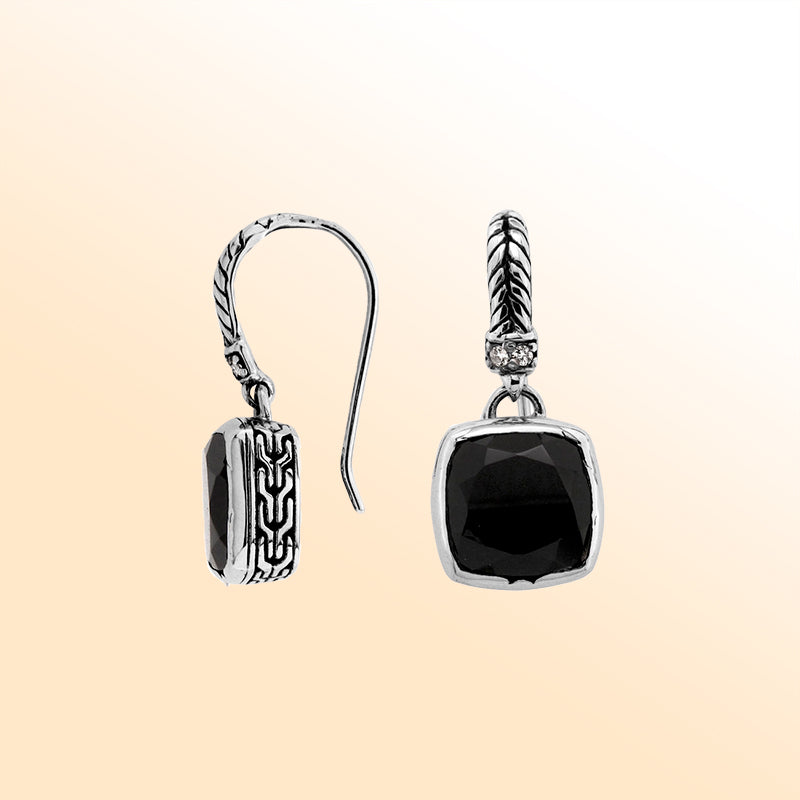 Handcrafted sterling silver drop earrings featuring Black Onyx and Cubic Zirconia