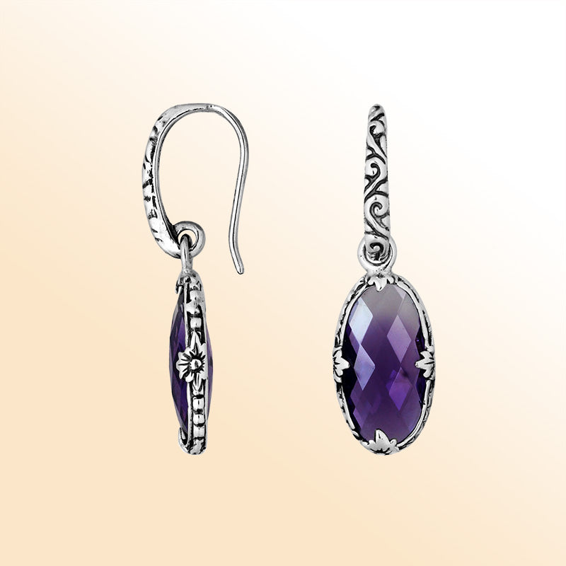 Handcrafted sterling silver floral oval earrings with Amethyst Quartz