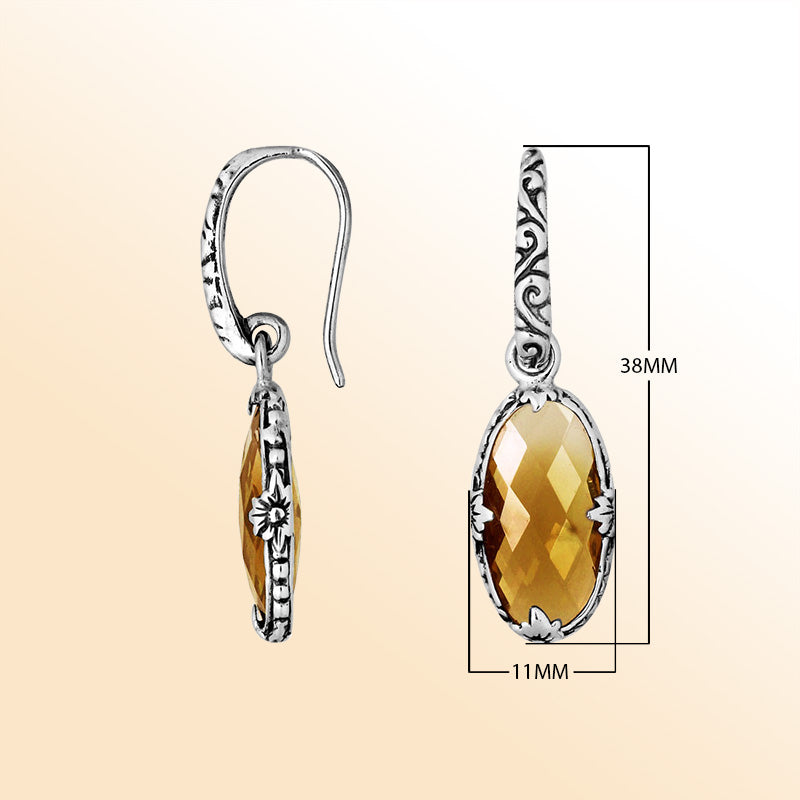 Handcrafted sterling silver oval drop earrings with Citrine Quartz and floral motif
