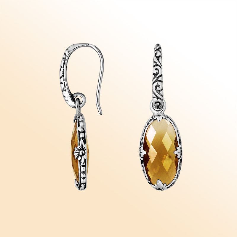 Handcrafted sterling silver oval drop earrings with Citrine Quartz and floral motif
