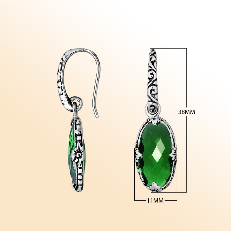 Sterling silver Green Quartz oval scroll drop earrings with oxidized finish and earwire lock.