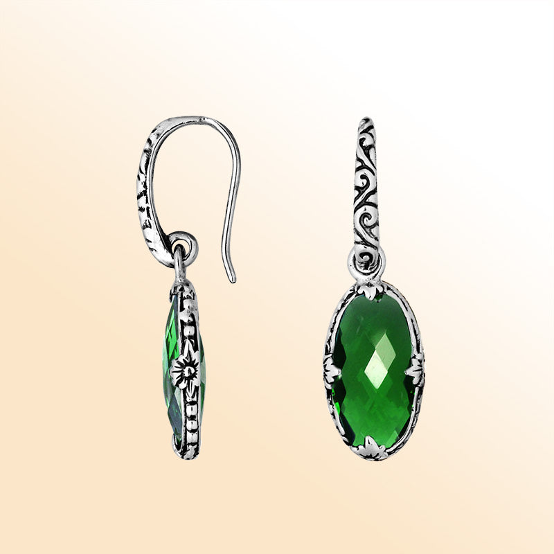 Sterling silver Green Quartz oval scroll drop earrings with oxidized finish and earwire lock.