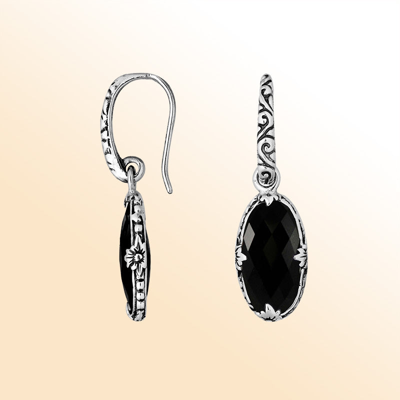 Sterling silver Black Onyx oval earrings with antique oxidized finish, scroll design, and earwire lock