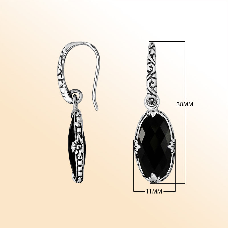 Sterling silver Black Onyx oval earrings with antique oxidized finish, scroll design, and earwire lock