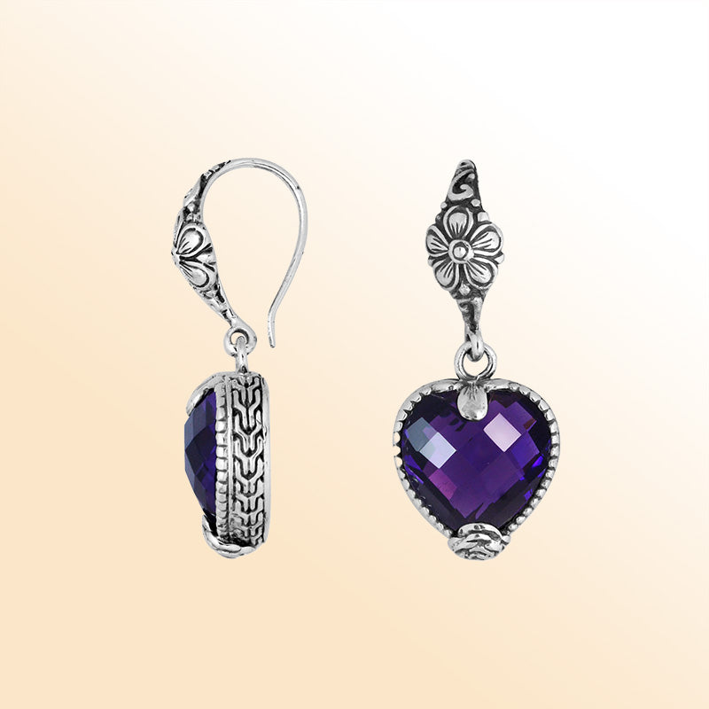 Sterling silver Amethyst Quartz oval earrings with antique oxidized finish, scroll design, and earwire lock.