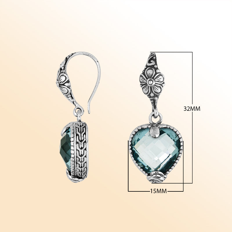 Sterling silver Blue Topaz Quartz heart earrings with antique oxidized finish, floral detailing, and earwire lock.