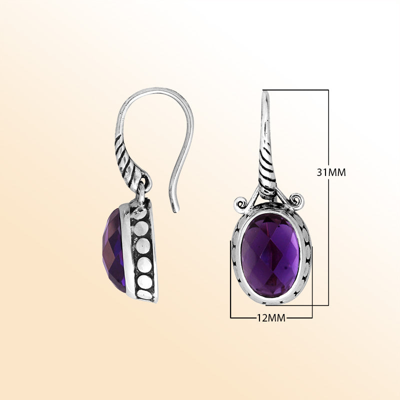Sterling silver Amethyst Quartz oval earrings with antique oxidized finish, textured design, and earwire lock.
