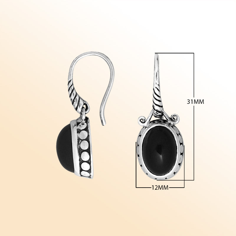 Sterling silver Black Onyx oval earrings with antique oxidized finish and earwire lock.