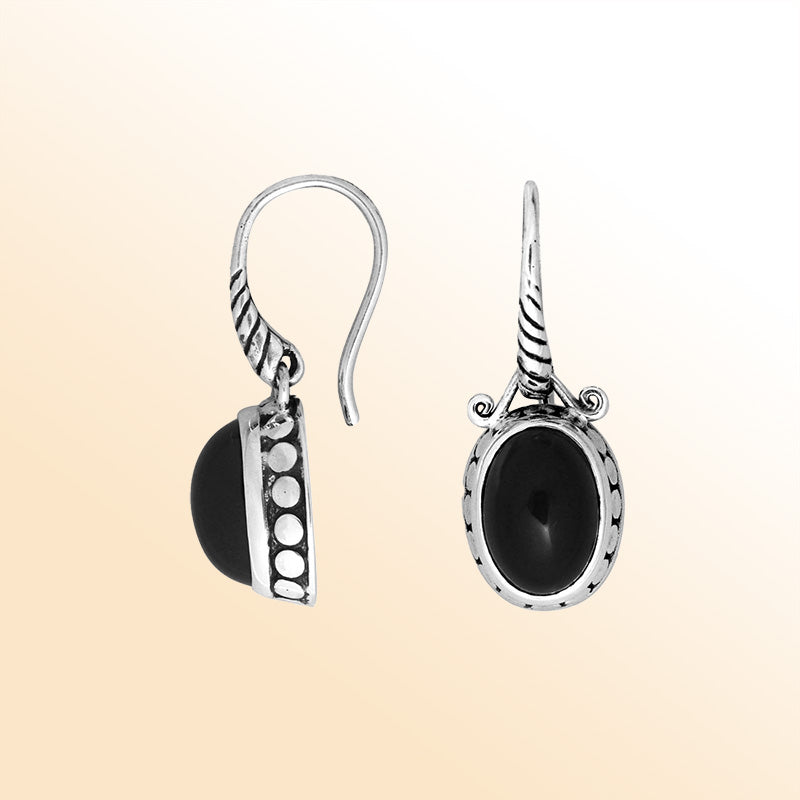 Sterling silver Black Onyx oval earrings with antique oxidized finish and earwire lock.