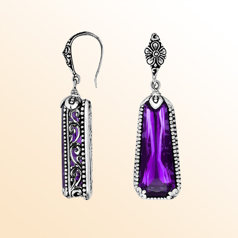 Sterling silver Amethyst Quartz long earrings with antique oxidized finish, floral accents, and earwire lock.