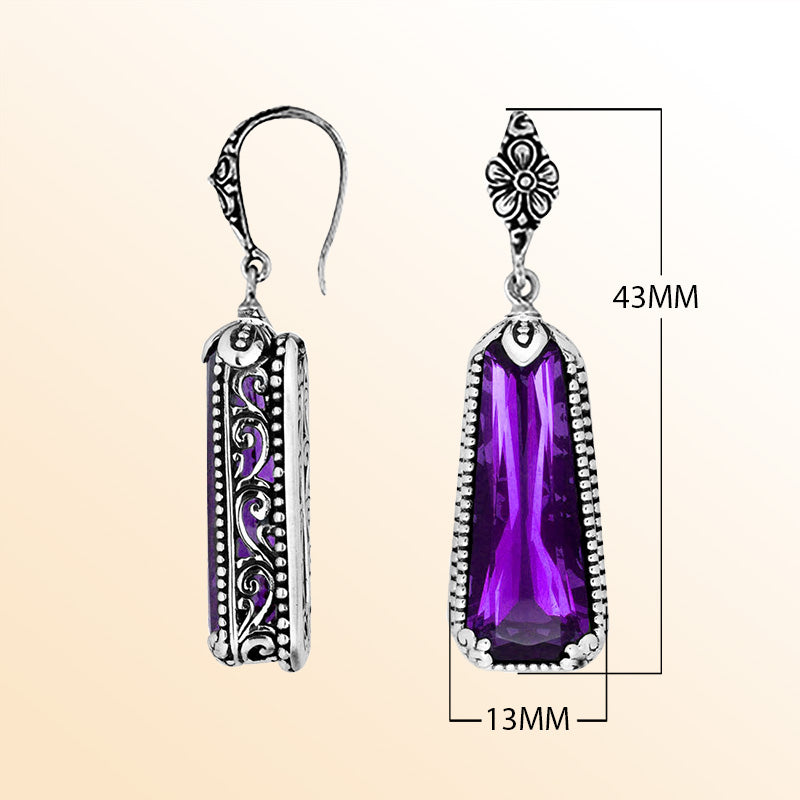 Sterling silver Amethyst Quartz long earrings with antique oxidized finish, floral accents, and earwire lock.