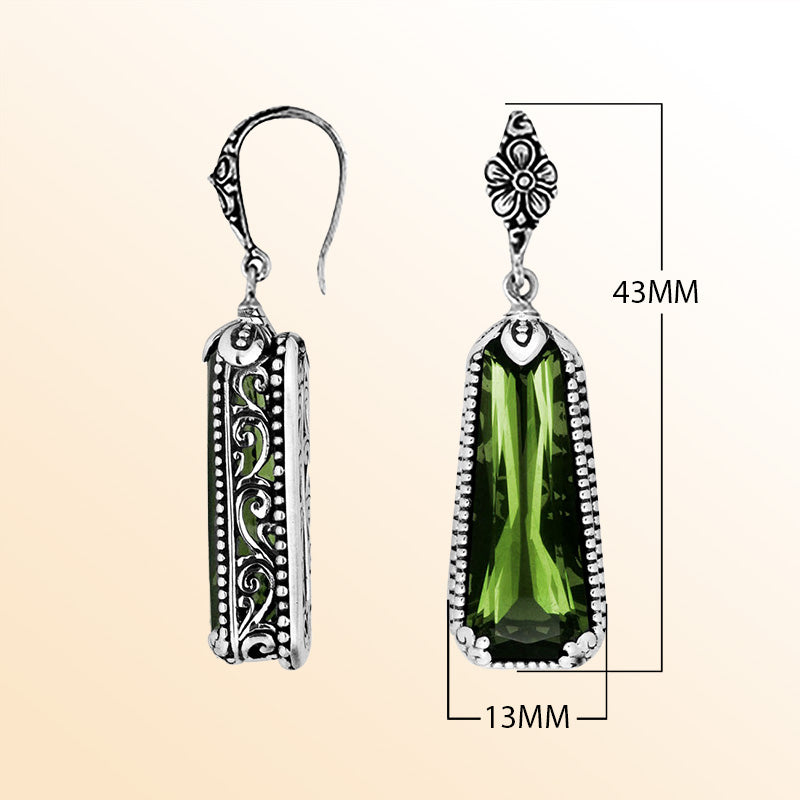 Sterling silver Green Amethyst Quartz long earrings with antique oxidized finish, floral pattern, and earwire lock.