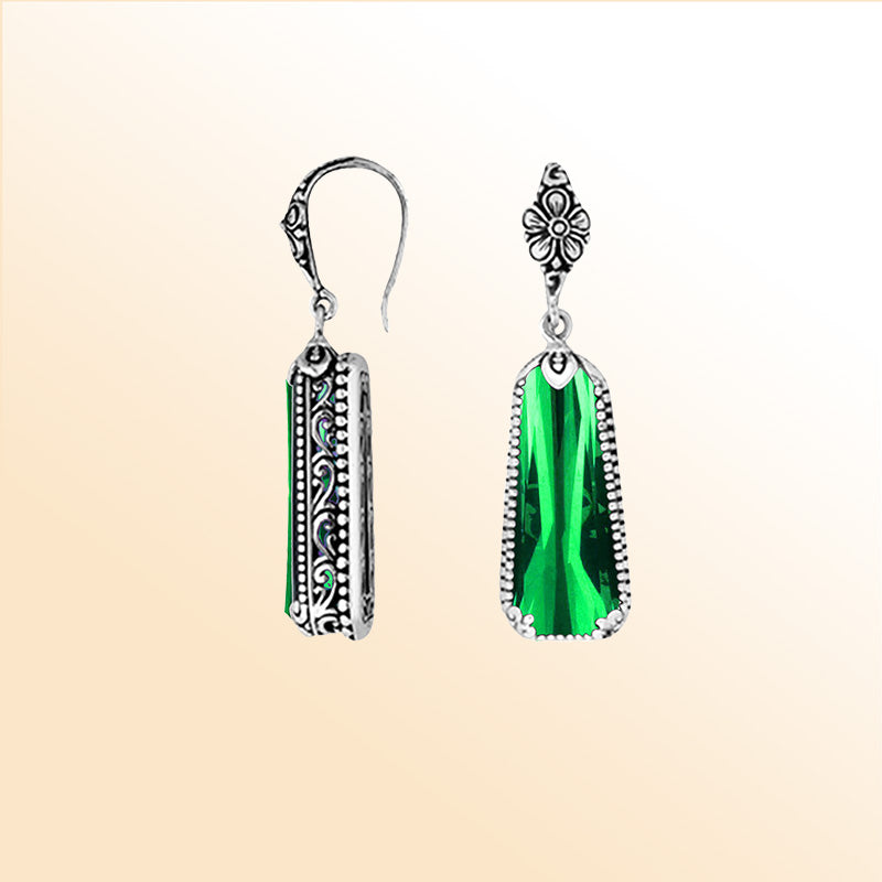Sterling silver Green Quartz long earrings with antique oxidized finish, floral design, and earwire lock.