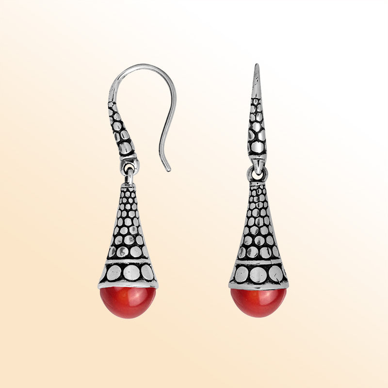 Sterling silver Red Coral long earrings with antique oxidized finish, floral scroll design, and earwire lock.