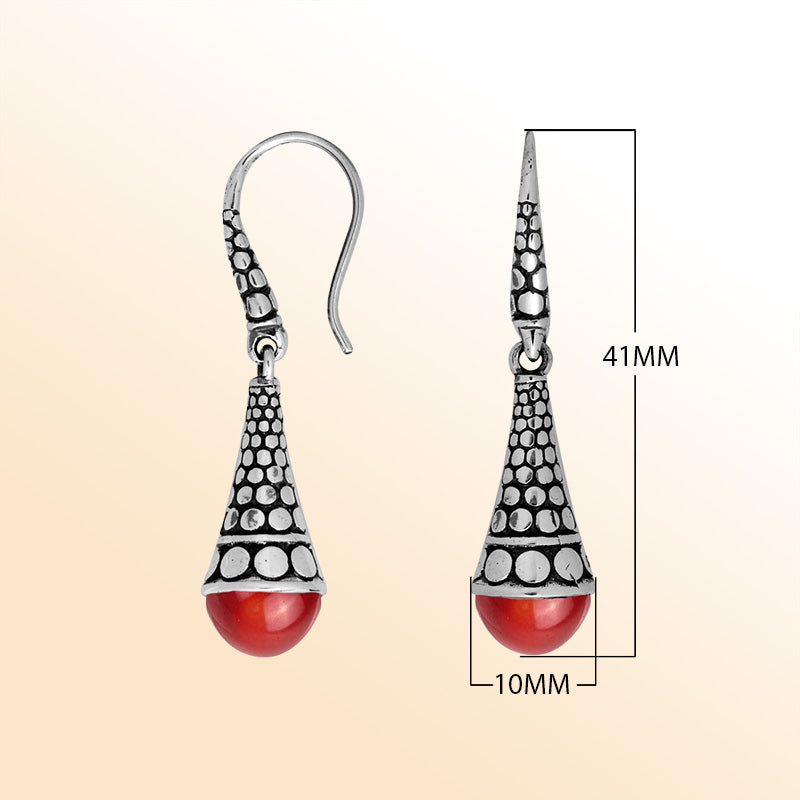 Sterling silver Red Coral long earrings with antique oxidized finish, floral scroll design, and earwire lock.