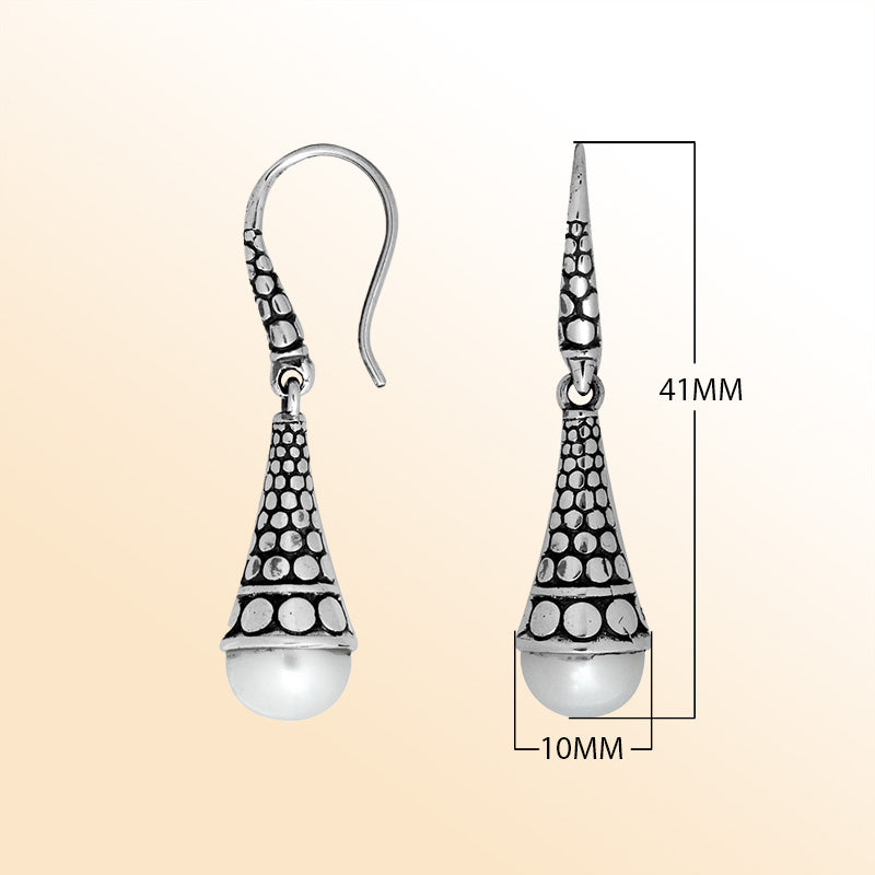 Sterling silver White Pearl cone drop earrings with antique oxidized finish and earwire lock.
