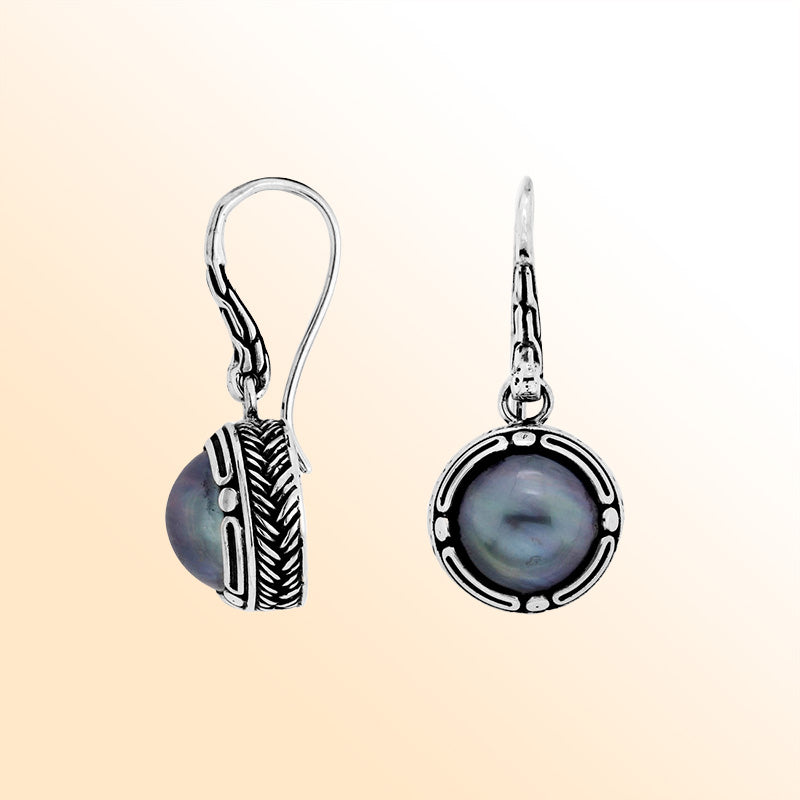 Sterling silver Gray Pearl round earrings with antique oxidized finish, textured design, and earwire lock.
