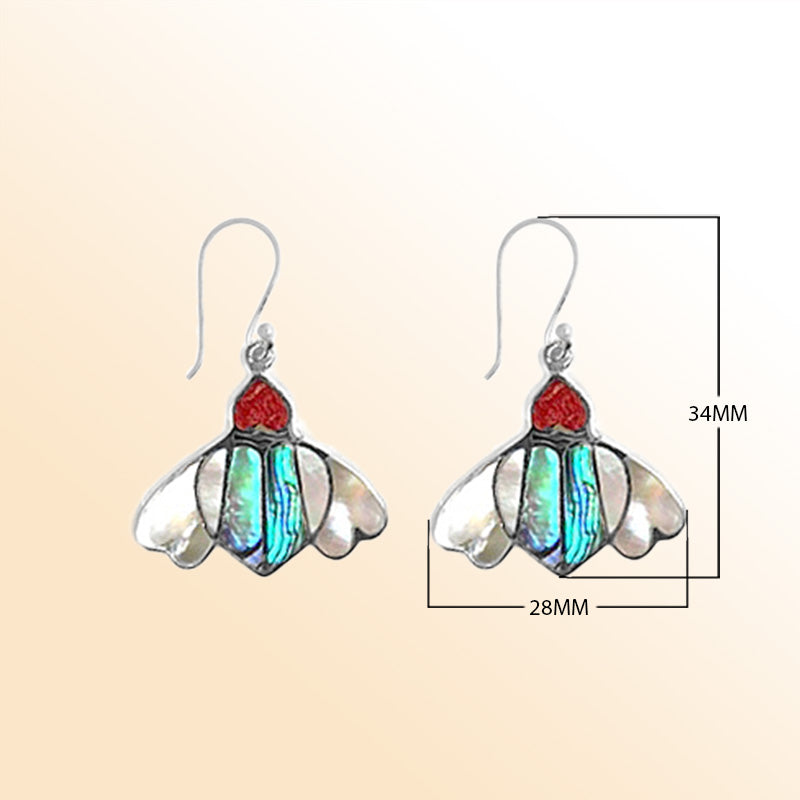 Sterling silver Abalone Shell, Red Coral, and Mother Of Pearl earrings with antique oxidized finish and earwire lock.