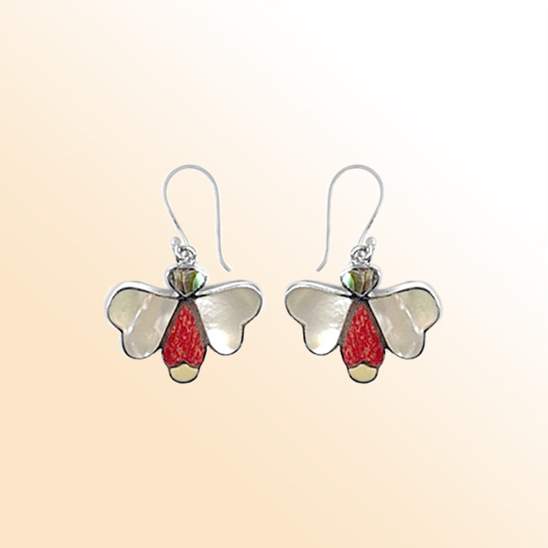 Sterling silver Mother Of Pearl, Red Coral, and Abalone Shell earrings with antique oxidized finish and earwire lock.